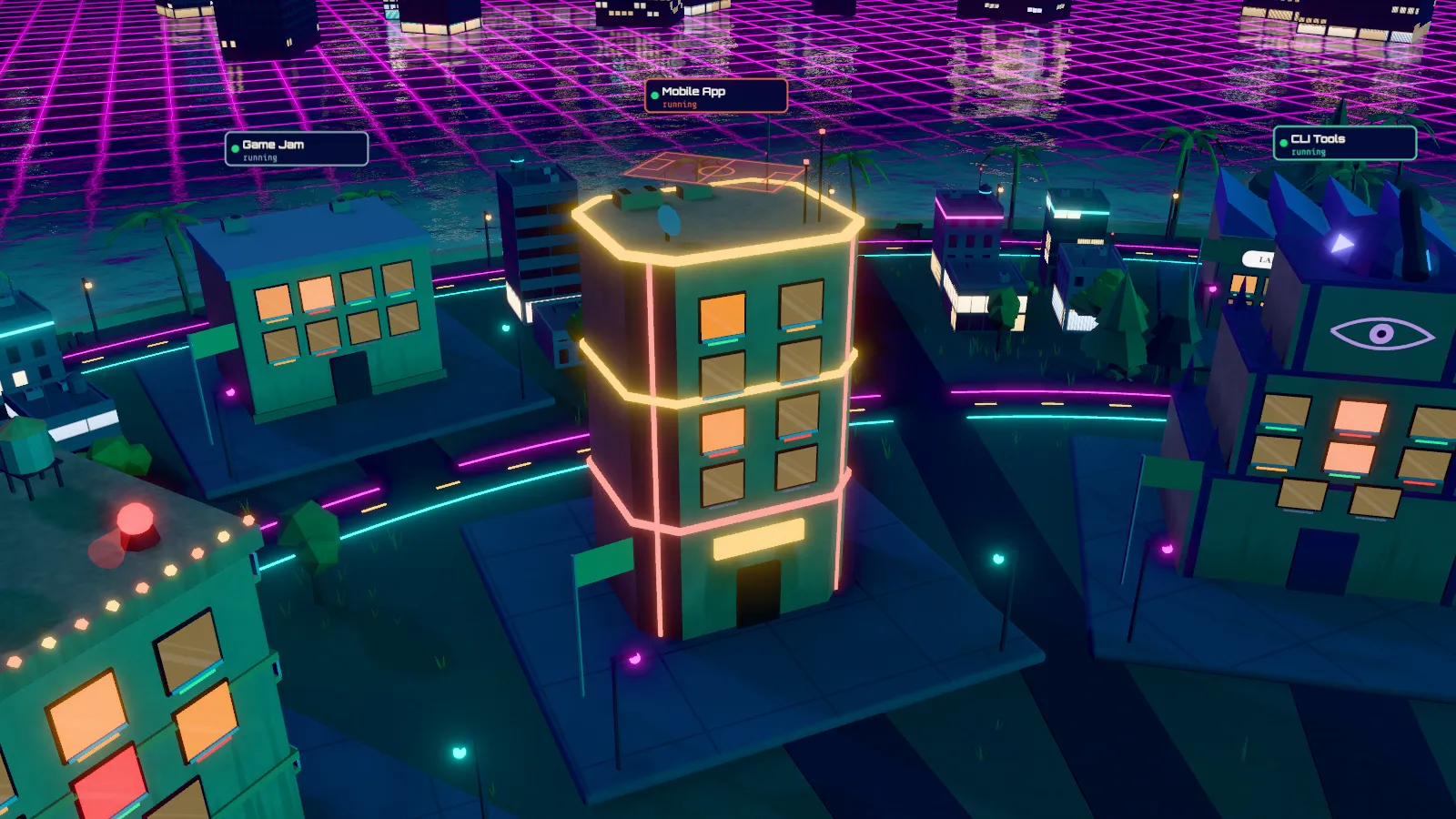 Close-up of the demo city at night: a tower for the Mobile App project with lit windows, its sign above it, a red window and a red roof beacon on the building beside it.