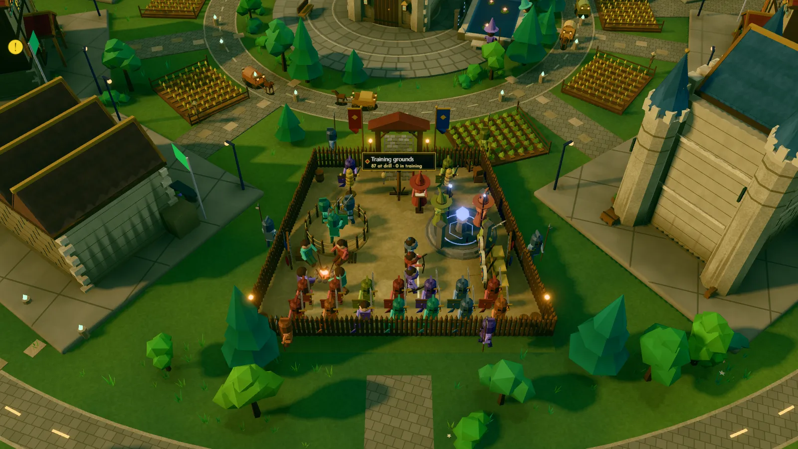 The training grounds: a fenced yard where idle agents spar, practise archery and rest by a campfire.