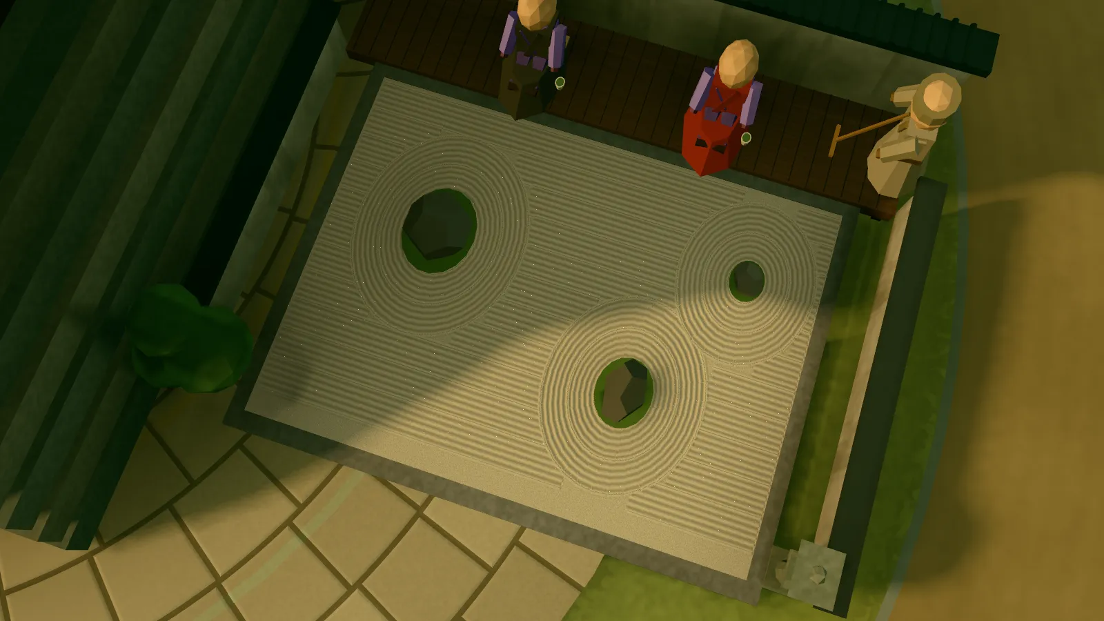 The temple garden from above: raked gravel around three stones, with agents kneeling on the veranda.